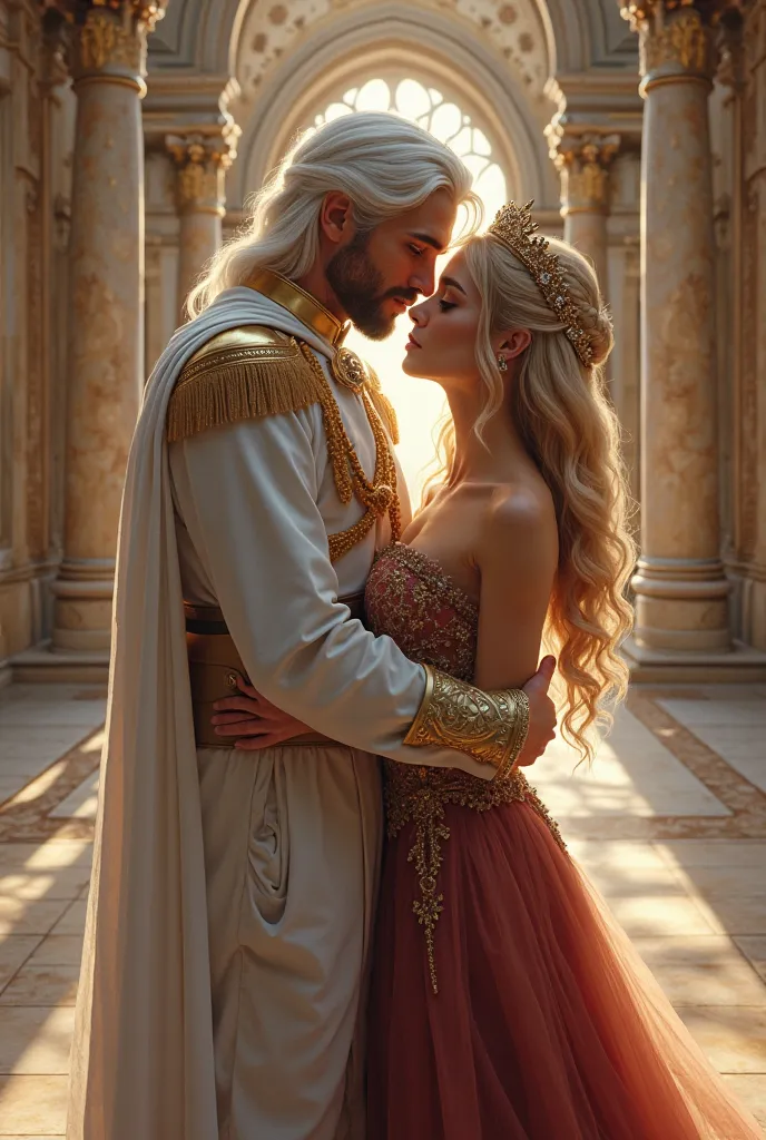 Tall, handsome. handsome, courageous man, blue eyes, long straight white hair below his shoulders, long bangs, royal general, long white general's clothes, beautiful facial features, looks lovingly and hugs an incredibly beautiful young blonde femme fatale...