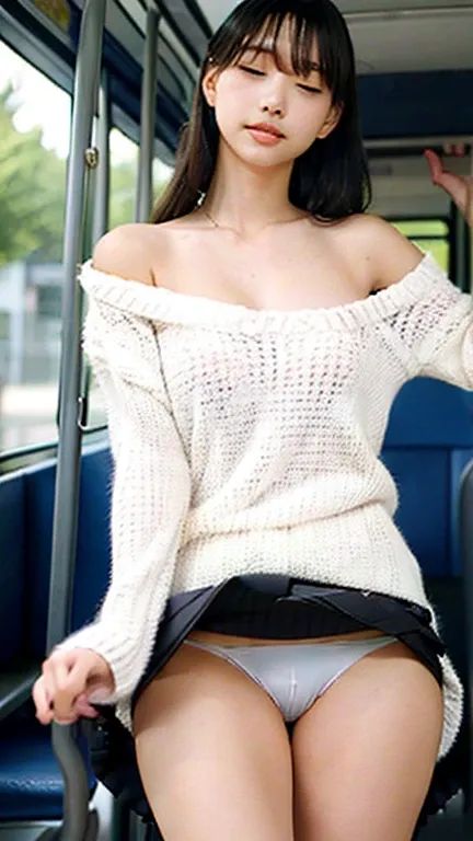    beautiful Japanese women  、sleeping on the bus  、(   close your eyes  )、((   wearing a miniskirt   ))、bare shoulder sweater 、 sexy thighs 、  A part of her white panties is visible,  View from below、