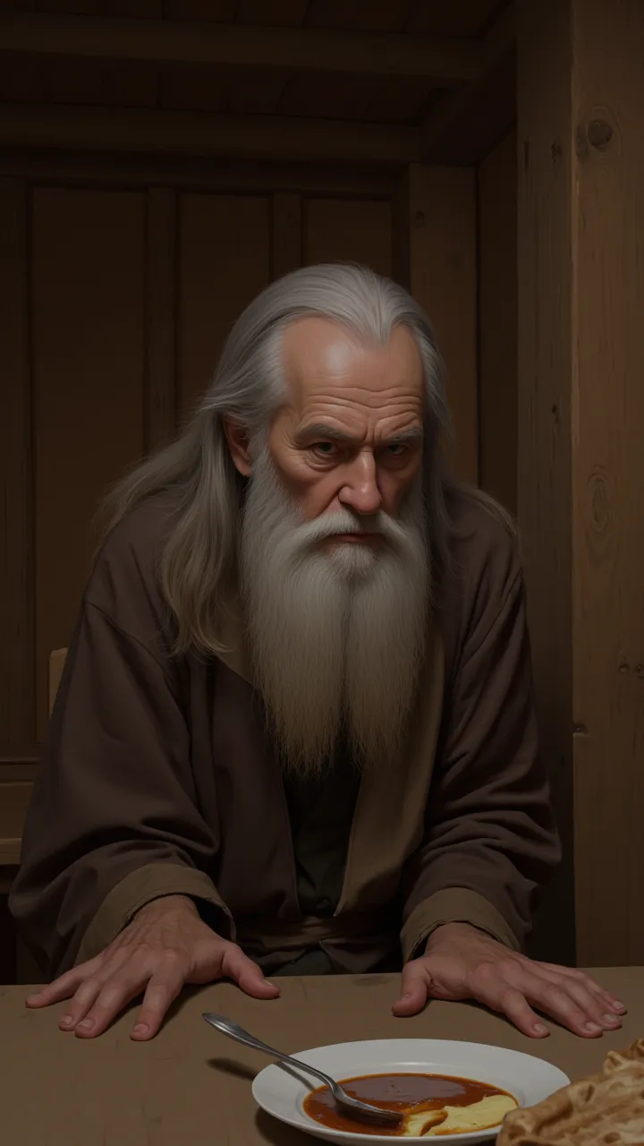 Gandalf is sitting at the table, gray-haired and tired