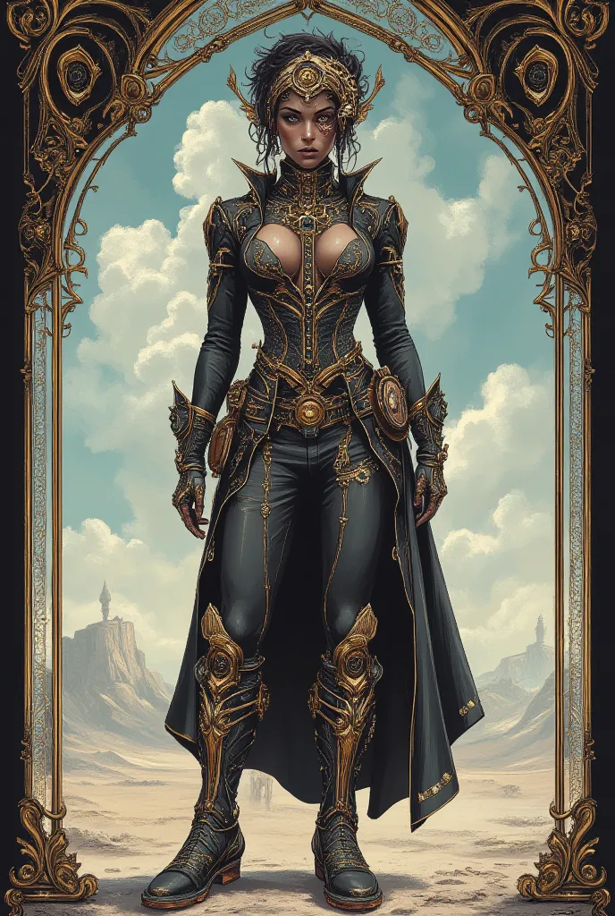 (  best illustrations:1.2), (  masterpiece:1.2 ), (  very detailed), 8k, 16k,   wallpaper,(   steampunk:2.0) ,worn by a modern African woman standing in a steampunk atrium ( modest casual attire:1.00), standing in a steampunk atrium,  combines African trib...