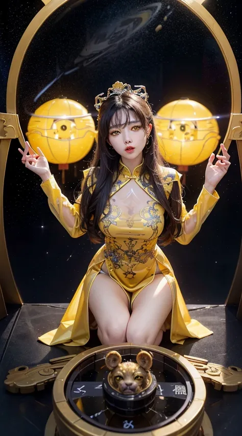 1 27 year old girl, 1 Chinese Zodiac goddess from the future, goddess of the pink and purple 12 Chinese Zodiacs, the goddess of the Chinese Zodiac in a yellow ao dai, a 12 Chinese Zodiac ao dai with many black lace detail, mythology Goddess of the 12 Chine...