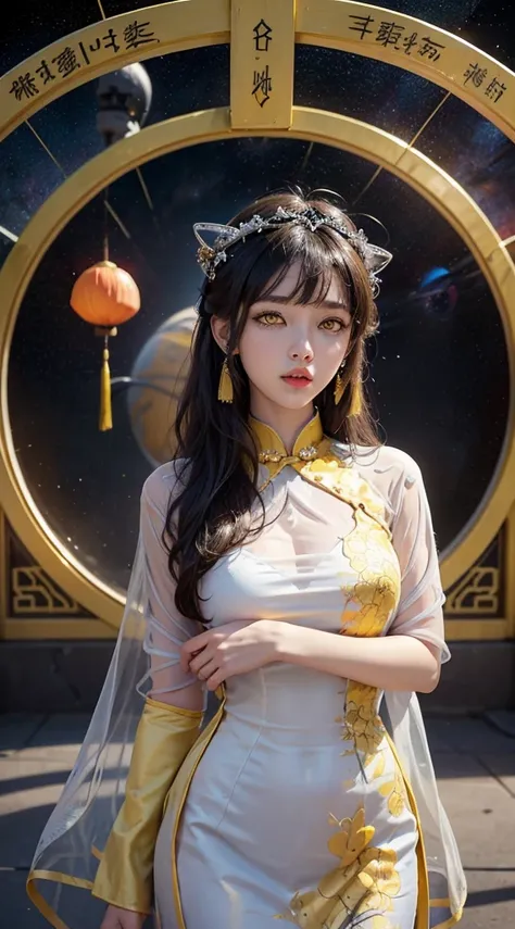 1 27 year old girl, 1 Chinese Zodiac goddess from the future, goddess of the pink and purple 12 Chinese Zodiacs, the goddess of the Chinese Zodiac in a yellow ao dai, a 12 Chinese Zodiac ao dai with many black lace detail, mythology Goddess of the 12 Chine...