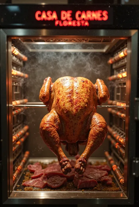 A hyper-realistic, ultra-detailed close-up of a steamed chicken inside a state-of-the-art roasting machine. The crisp, golden-brown skin glistens with juices, crackling slightly as it rotates on metal skewers. Wisps of aromatic smoke rise inside the glass ...