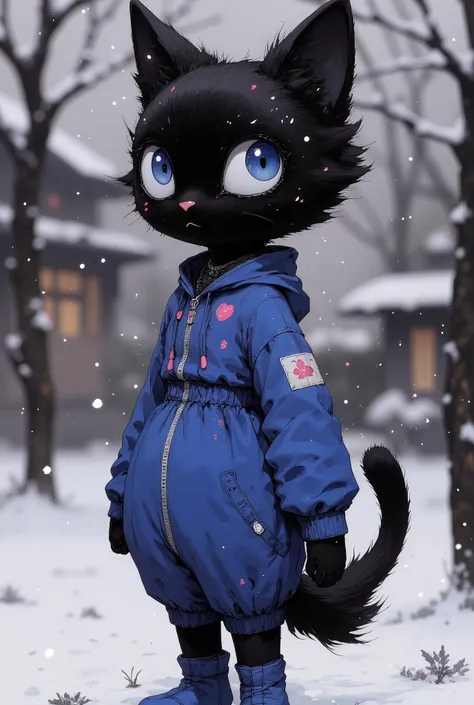 (High resolution,masterpiece:1.2),vivid colors,Beautiful eye details,beautiful detailed lips,long eyelashes,black coat,fluffy fur,cute expression,feline grace, It's cold snow falling outside, (Blue sweatpants:1.3), (The jacket is a blue track jacket:1.3), ...