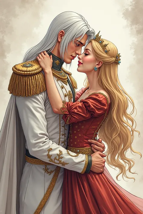 Tall, handsome courageous man, blue eyes, long straight white hair below his shoulders, long bangs, royal general, long white general's clothes, beautiful facial features, looks lovingly and hugs an incredibly beautiful young blonde femme fatale with long,...