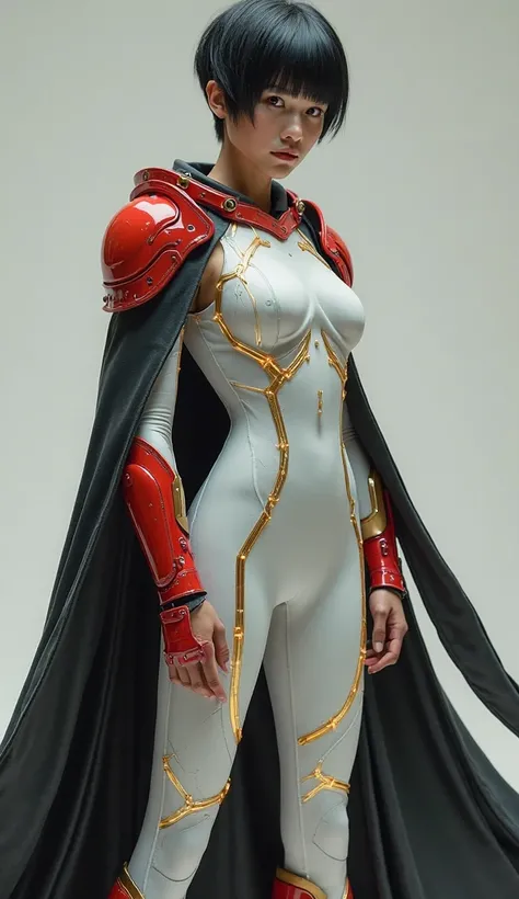 
A cinematic character showcase a futuristic female warrior with an athletic, toned build. She wears a sleek, full-body white bodysuit with dimly glowing golden circuits pulsing subtly, reinforced with red armored plates on her shoulders, chest, and knees....