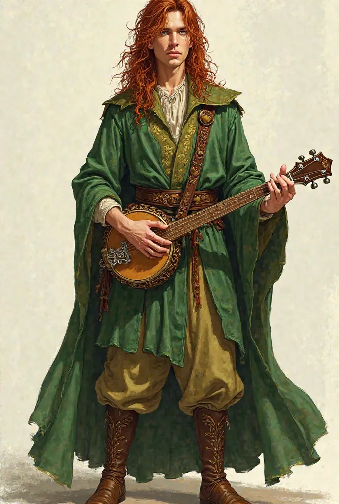 I need a drawing that is very easy to copy by hand... half-elf,  with harmonious elvish and human features . Your emerald green eyes, Reddish-brown and wavy hair,  and his simple clothes ,  in shades of green and gold ,  combines elegance and practicality ...