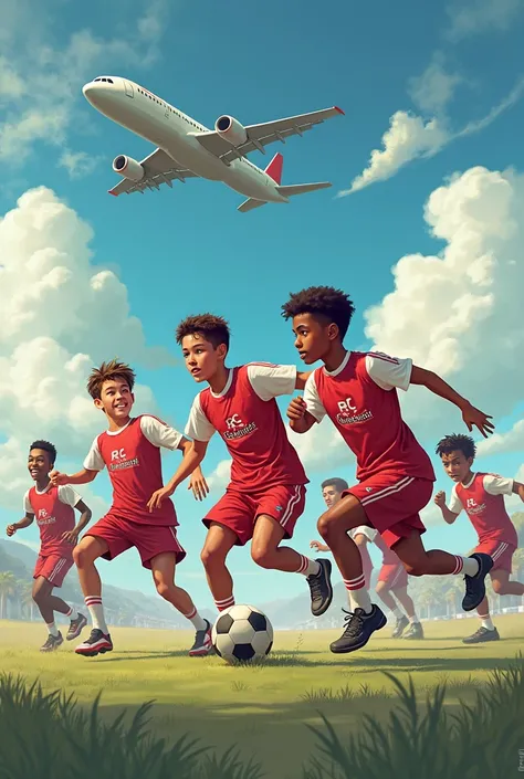 Une équipe de garçons adolescents métissés habillés en rouge et blanc qui jouent au football ensemble.RC SAINT JOSEPH sur le tee-shirt. un avion GUADELOUPE dans le ciel