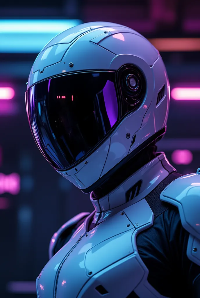 Close-up,anime,  Dark background, Man closed white motorcycle helmet, side profile,  neon, art style uniforms, clean traits , high definition ,mirrored lens 