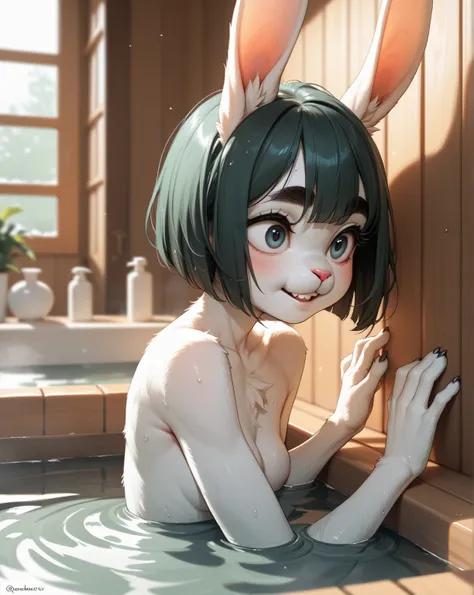 (furry rabbit face:0.9), girl , skinny , bob cut , beautiful hair over the eyes , Long eyelashes , Thick eyebrows , Overbite
, bath house , Press chest against the wall
, body in hot water
, narrow open eyes , coquettish