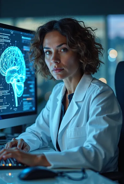 A mature brazilian woman scientist with short, curly brown hair and warm, intelligent brown eyes, wearing a white laboratory coat, sits in front of a futuristic computer screen displaying a virtual brain with glowing blue neural connections, Coding lines o...