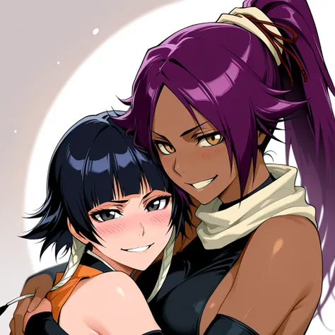 2 girls, (BREAK shihouin yoruichi, grin), (BREAK SUI-FENG, blush) , bleach, hug, looking at viewer, masterpiece, best quality, Ultra detailed, high resolution, beautiful,