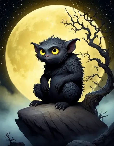 Cute Cartoon,CuteCartoonAF, a beautiful eerie illustration of an (ominous) giant gorgulie, sitting (on a rock), big yellow eyes, amidst (magical mist), shiny, huge moon behind, breathtaking starry night, professional, (twisted branches), (elegant frame:1.4...