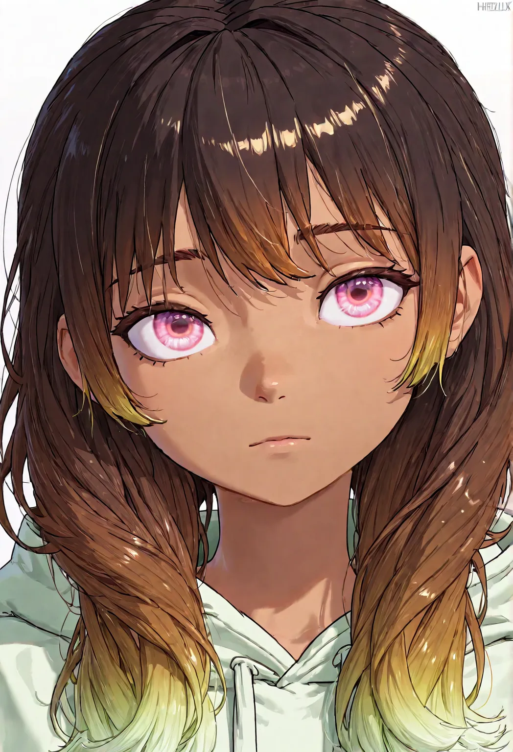 1 Girl, alone, alone focus,  Hihelzflux, portrait, Oversized hoodie , light green and white hoodie,  half aqua , Half green , (( brown hair)), (Yellow Hair), (Gradient Hairstyle :1.5), curls, ((pink eyes)),  Highly Detailed Eyes , Tan, ( caramel dark skin ...