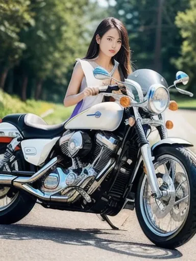 Customized American cruiser motorcycle, woman standing astride motorcycle seat, white bikini, topless, full body, ((masterpiece)), ((best quality)), (ultra-detailed), ((beautiful eyes)), Japanese female, (slender:1.3), ((30 years old)), beautiful,(flat che...