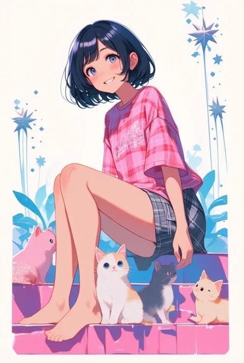 (masterpiece, best quality),source_anime,cell-anime,(best quality, masterpiece, ultra highres, ultra-detailed:1.2),pop style art,
A tween girl ,highly detailed digital illustration of a cheerful young girl sitting on steps in stylish pose. ((cats are sitti...