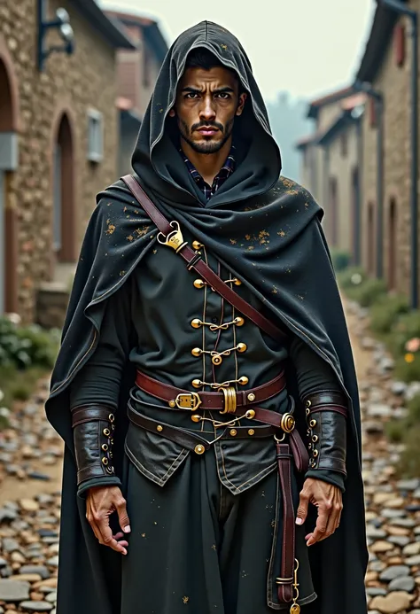 white man between 20 and 25 years old, brown eyes, Italian appearance, with black cape with small gold details and hood and dark clothing with dark red, two litlle medieval swords the man is dirty with road dust and looks tired, backgound is a medieval roa...