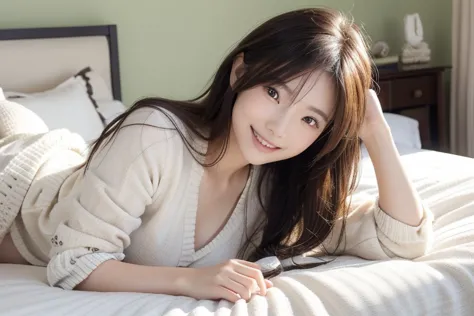  Realistic Photo Quality 、Japanese model is lying on the bed、I'm crossing my legs,  posing in bed ,  lying in bed, Lying in bed, Relaxed posture, looking at the camera、Detailed and beautiful eyes、 cute smiles 、 soft and gentle expression 、 has a smiling fa...