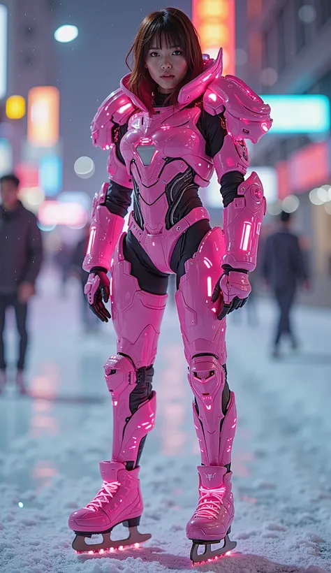 photo-realistic, ultra-realistic, very beautiful Japanese futuristic soldier, famous Japanese idol, dramatic scene, masterpiece, beautiful eyes, dark auburn hair, wearing fuchsia high heel ice skates , (cyber punk glossy intricated fuchsia mecha armor suit...