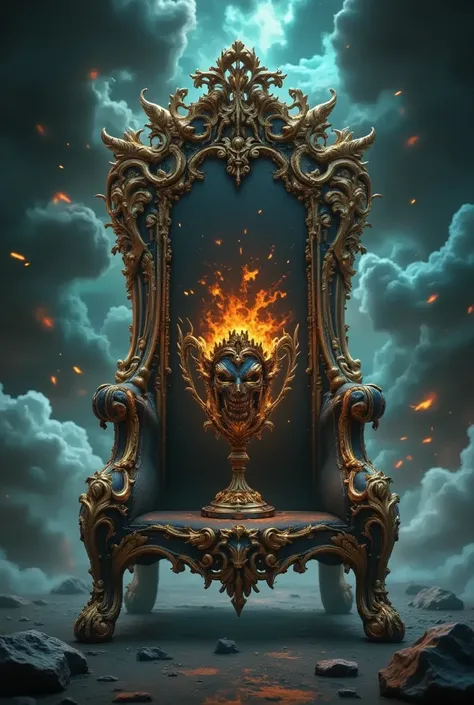 A throne with a trophy placed in it and in the backside it should be an background that is with the electrified background and it should be professional and elegant. The image should be in an landscape formate and the colour should be blue, green , orange 