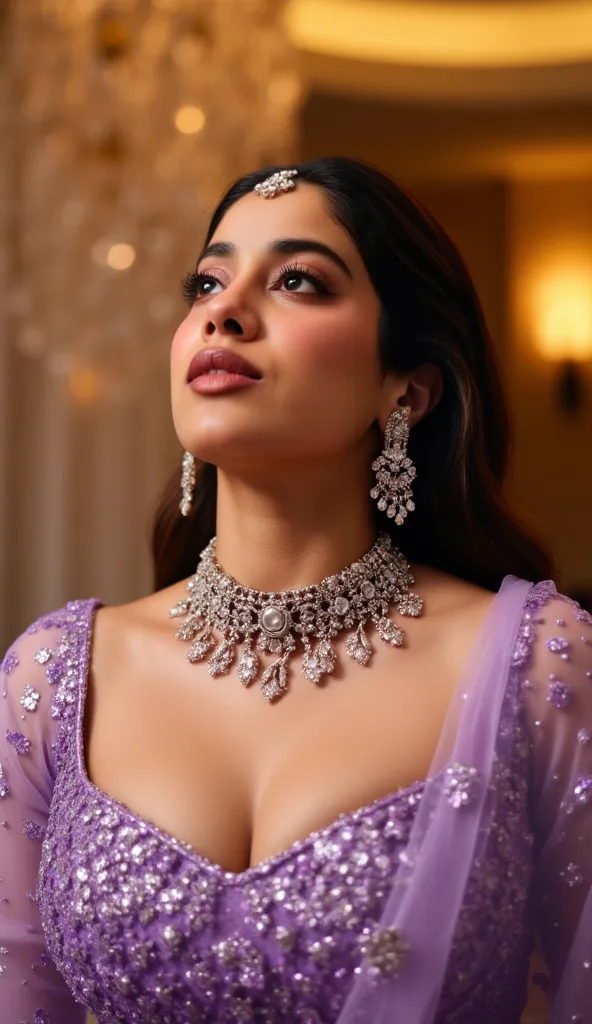 A stunning Indian woman in a lavender lehenga, gazing upwards