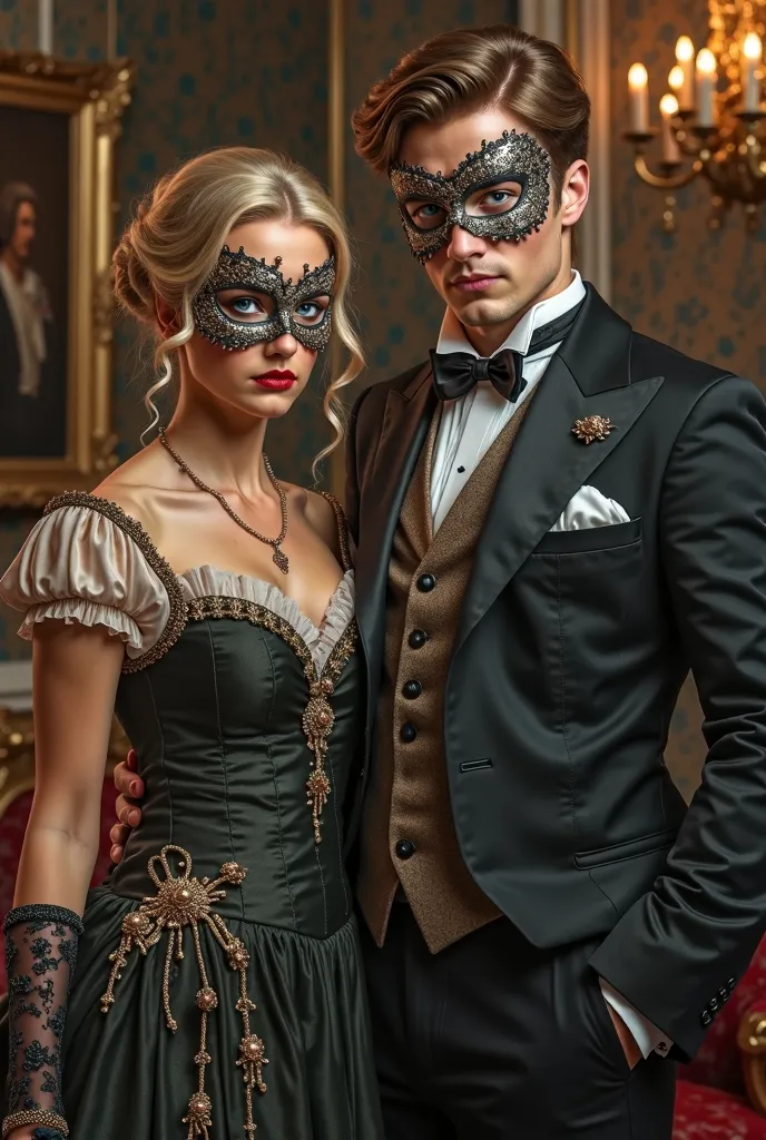 Mujer rubia blue eyes,  fine features, English beautyy hombre cabello castaño claro, blue eyes, with a short beard, high, English beauty. Victorian era, both with masks on their faces, wardrobe colors black with red 