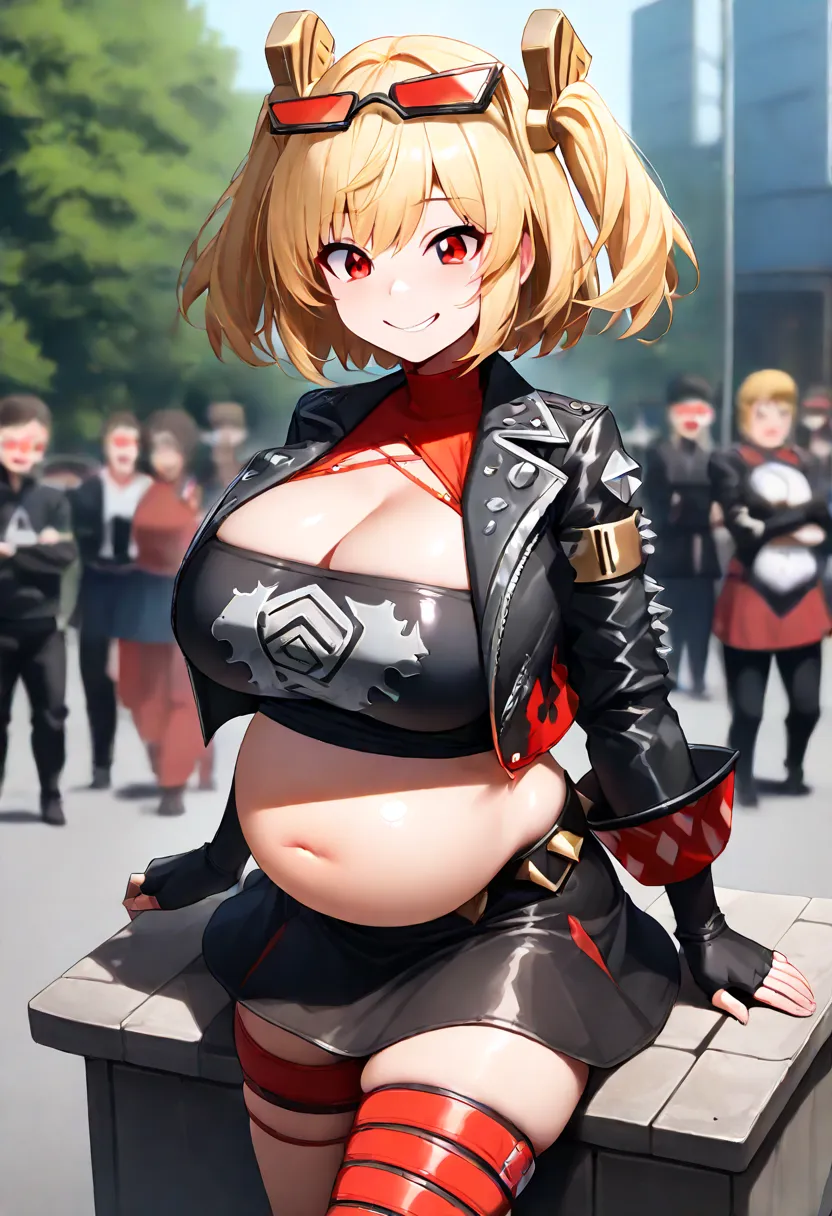 Masterpiece,the best quality,amazing quality,burnicezzz  , blond hair,  red eyes,Short Hair, two sides up,  hair ornament,  glasses on the head, 1 girl, Alone ,  outdoor, street,cowboy shot, looking at the spectator,  black jacket,  cropped jacket ,  Long ...