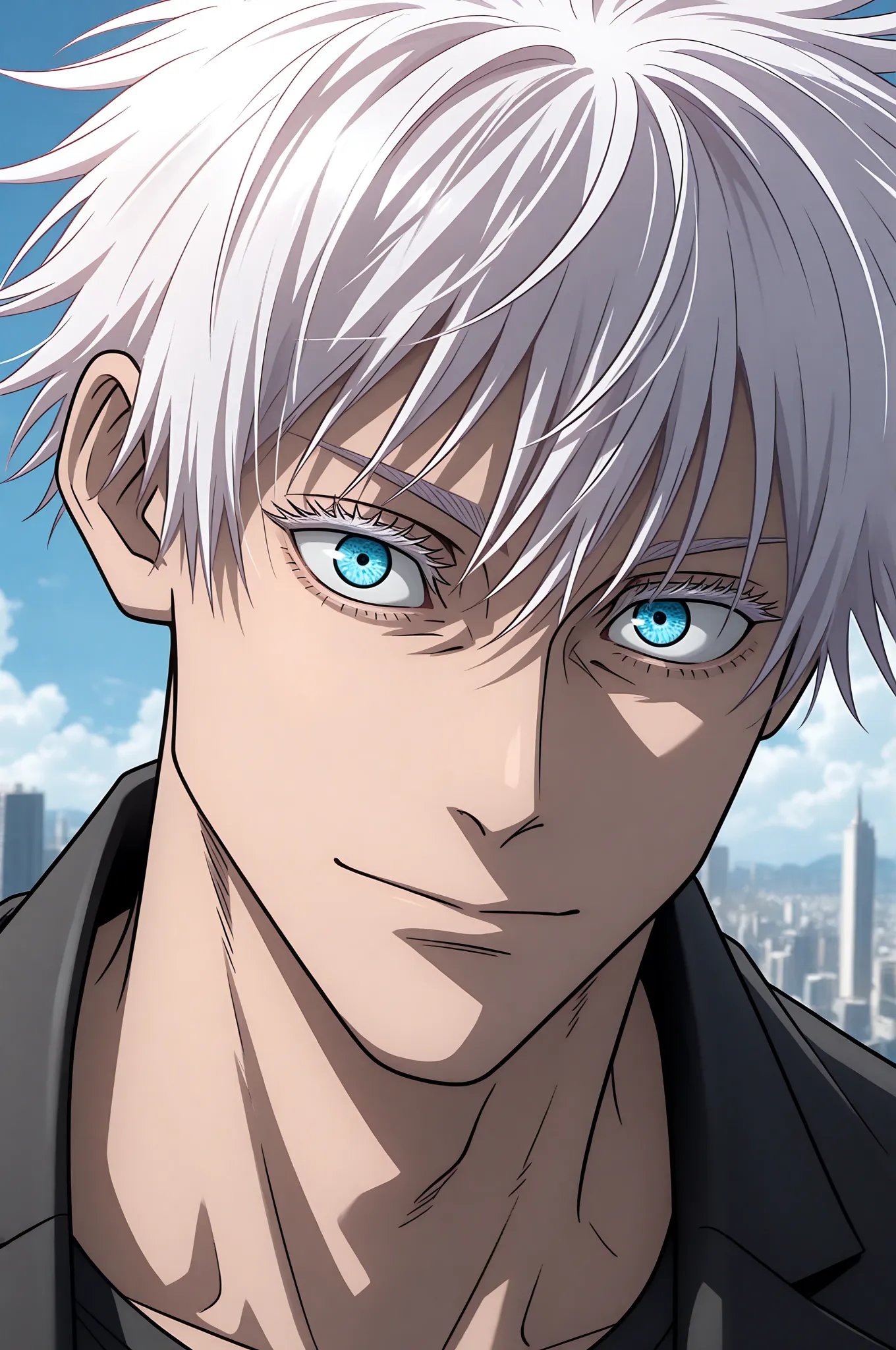 (masterpiece, best quality), amazing quality, very aesthetic, absurdres, highres, newest, HDR, 8K, high detail RAW color art, large pupil, eyelashes, 1boy, closed mouth, gojou satoru, jujutsu kaisen, white hair, short hair, white eyelashes, blue eyes, musc...