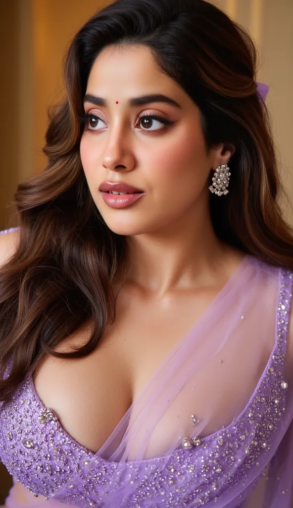 A breathtaking Indian woman in a lavender lehenga, close-up portrait with strands of her soft wavy hair gently blowing, deep expressive eyes lined with kohl, flawless radiant skin with dewy makeup, delicate silver jewelry sparkling, warm golden lighting en...