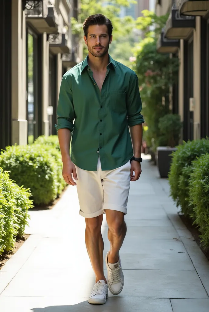   
good looking man, wearing green shirt, white linen shorts, Nike sneakers. He's walking on the sidewalk 
 Masterpiece,  High quality,  Ultra HD,  Textured Skin ,  bright light,  Hyper-Realism.