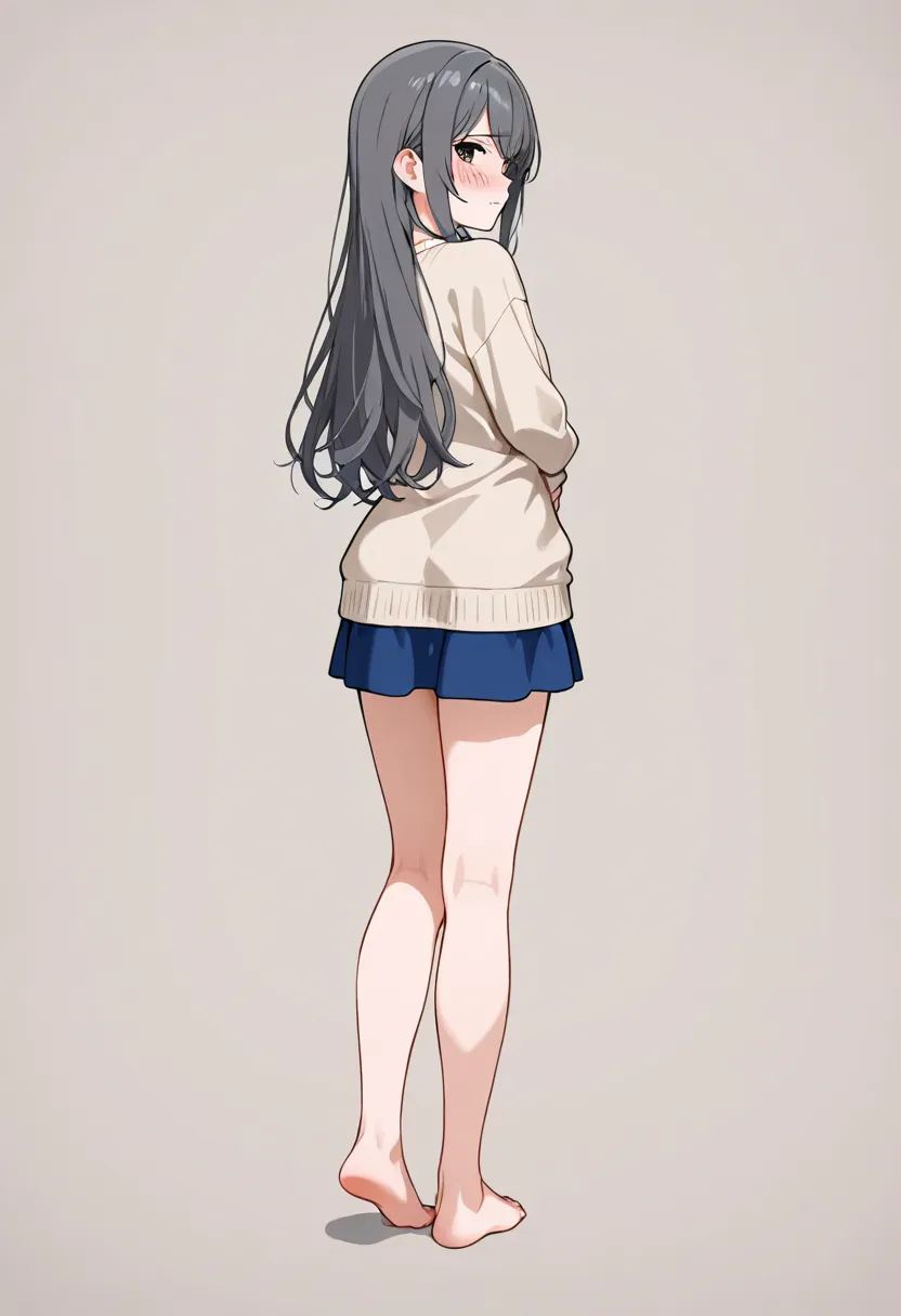 1girl, dark gray hair, long-sleeved beige sweater, look back, embarrassed, blue skirt, standing, barefoot, full body