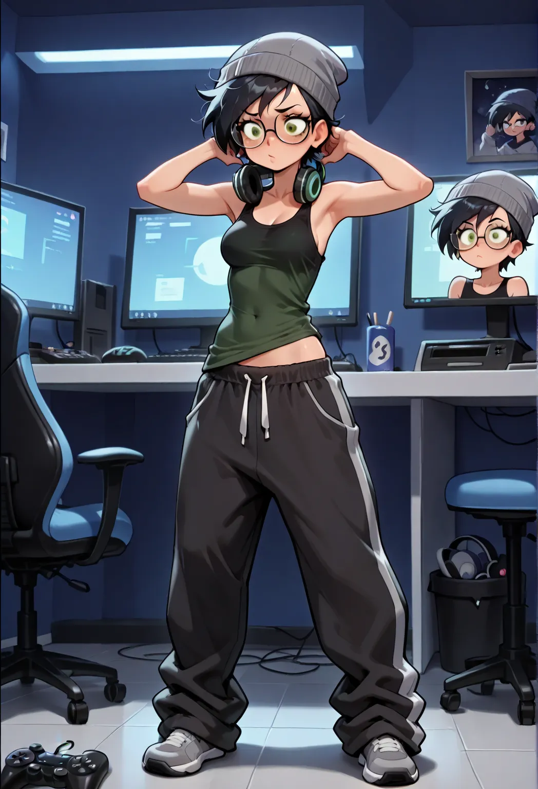 masterpiece,best quality,absurdres, (close-up:1.2), 1girl, dani phantom, petite, medium breasts, hips, short hair, black hair, messy hair, ((tomboy clothing)), disheveled clothes, green eyes, ((baggy black tank top, glasses)), ((baggy black sweatpants, ove...