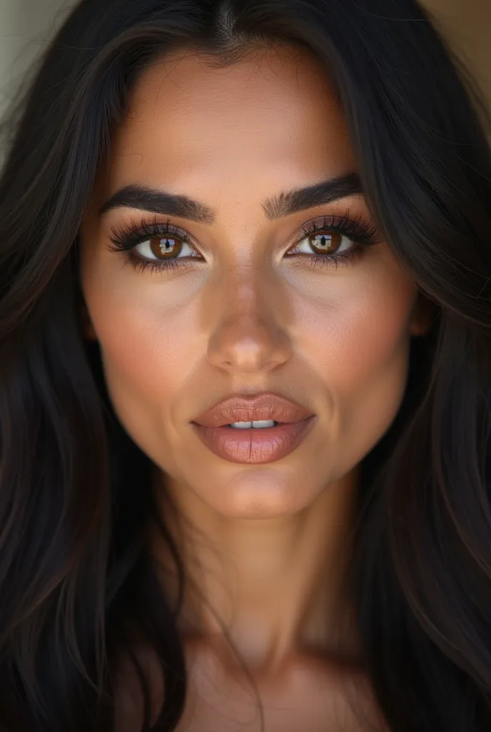 Ultra-realistic close-up portrait of a stunning Arab woman with a deep olive complexion and flawless, radiant skin. She has mesmerizing almond-shaped dark brown eyes, framed by thick, long black eyelashes and naturally arched eyebrows. Her full lips are pl...