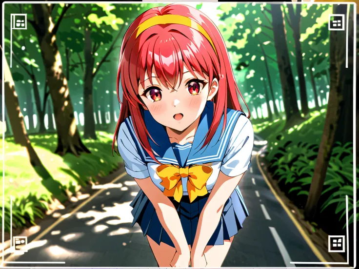 ShioriFujisaki,red hair,red eyes,long hair,hair band,1gail,1boy ,school uniform,blue sailor collar,blue pleated skirt,yellow bow,shoes,socks,recording,viewfinder,Forest Park,Short sleeve,bangs,blush,bottomless,eyebrows visible through hair,looking at viewe...