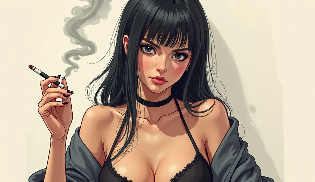 woman smoking a cigarette, with anime style and hand drawing, she is with serious face, has black eyes and black hair, has a sexy posture and big breasts and hips.