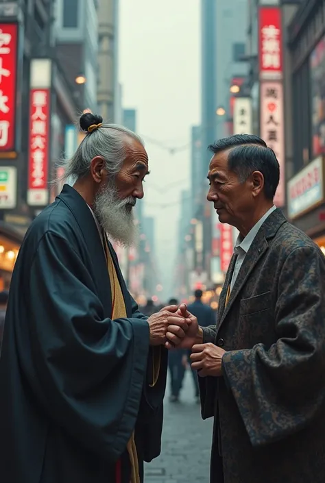 A Japanese elder mentor in modern-day Ginza, with a man in his 50s receiving instruction next to him