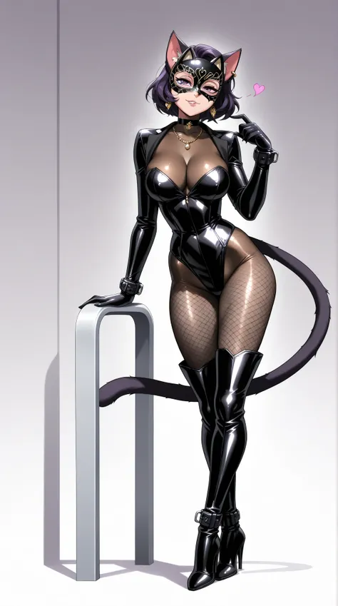 1 mature beautiful cat woman: 1.3, a fusion of a cat woman and a seductive female thief, (sexy shiny black latex female thief costume: 1.3, cat ears, wearing a black Venetian mask on her face: 1.3, body stocking, tuxedo, long gloves, leather choker, fishne...