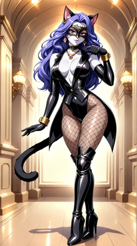 1 mature beautiful cat woman: 1.3, a fusion of a cat woman and a seductive female thief, (sexy shiny black latex female thief costume: 1.3, cat ears, wearing a black Venetian mask on her face: 1.3, body stocking, tuxedo, long gloves, leather choker, fishne...