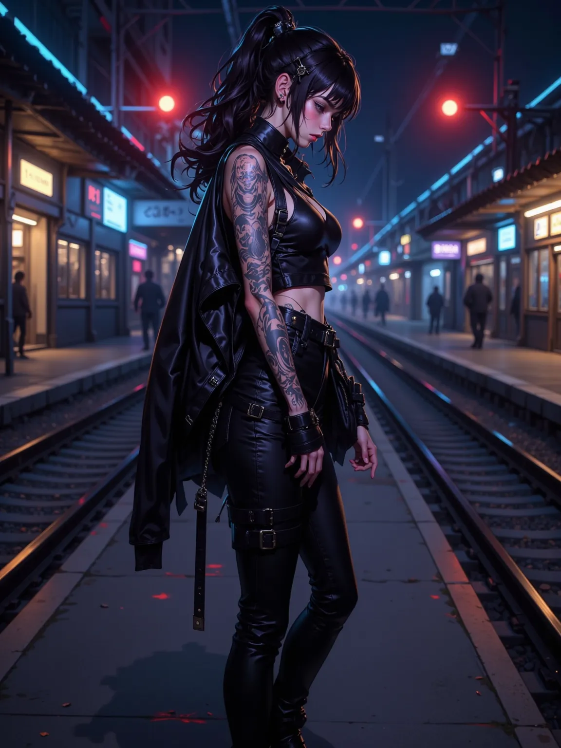 A cool girl，Side view，lens from top to bottom， Dark Hair，short ponytail，slim shoulder short tank top， black leather jacket ，black leather pants，black leather bag， black leather boots ， Thin ， big boobs 1 .2，Tattoos 1.5，Neon 1.2，background of train station ...