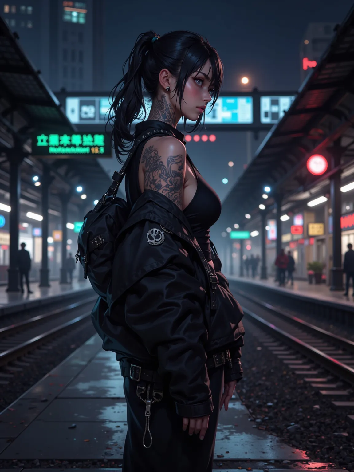 A cool girl，Side view，lens from top to bottom， Dark Hair，short ponytail，slim shoulder short tank top， black leather jacket ，black leather pants，black leather bag， black leather boots ， Thin ， big boobs 1 .2，Tattoos 1.5，Neon 1.2，background of train station ...