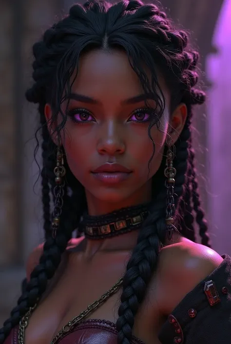 Create an image of a black-skinned woman with soft features, but radiating determination and energy. She has black knotless braids at hip height. Her eyes are like two black spheres, but a purple and red flame seem to play in her reflection. 3d game style ...