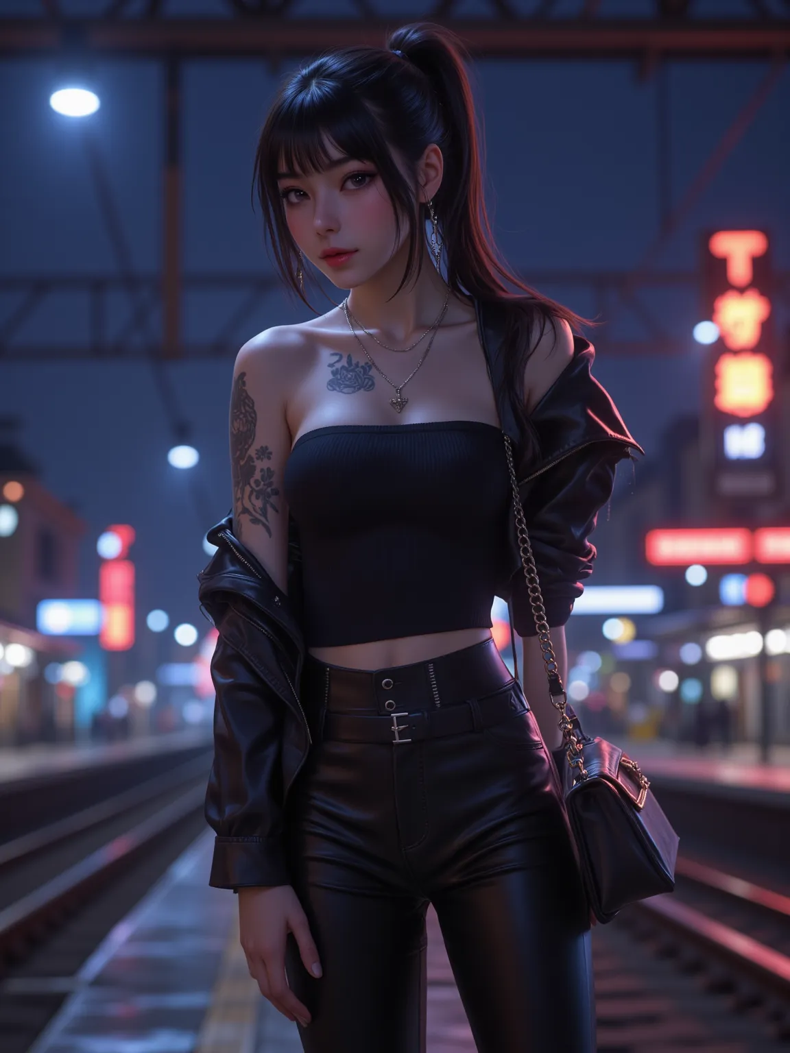 A cool girl，Side view，lens from top to bottom， Dark Hair，short ponytail，slim shoulder short tank top， black leather jacket ，black leather pants，black leather bag， black leather boots ， Thin ， big boobs 1 .2，Tattoos 1.5，Neon 1.2，background of train station ...