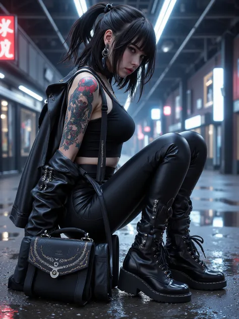 A cool girl，Side view，lens from top to bottom， Dark Hair，short ponytail，slim shoulder short tank top， black leather jacket ，black leather pants，black leather bag， black leather boots ， Thin ， big boobs 1 .2，Tattoos 1.5，Neon 1.2，background of train station ...