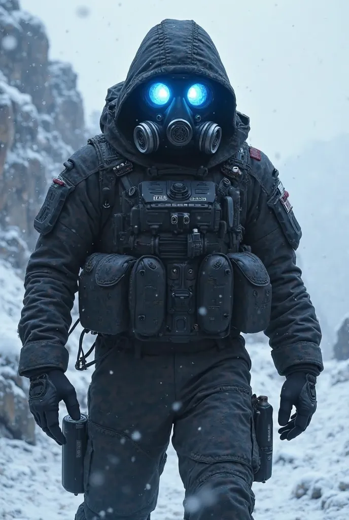 Military with black camouflage and that where the eyes of the gas mask are it lights up blue,And that the costume is like from the Arctic In anime style