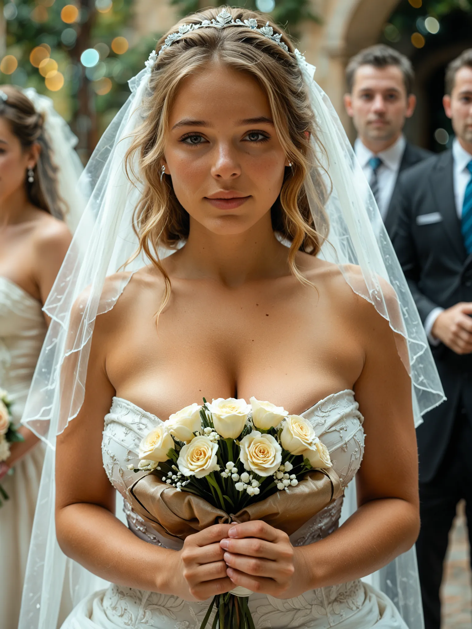 masterpiece, best quality, amazing quality, realistic, close-up portrait , 1girl, bride, blonde, curvy, huge breasts, veil, white dress, cleavage, (looking at viewer:1.3), bouquet in hands, wedding, sunny, depth of field, bokeh,