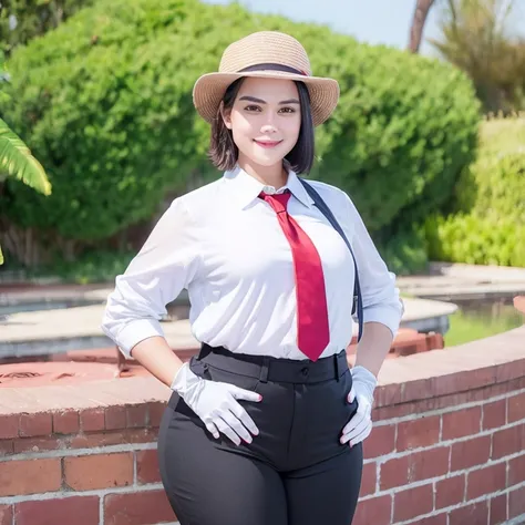 ((((Bbw)))) a woman in a hat and a shirt, smile, short hair, black hair, red eyes, gloves, brown eyes, white shirt, outdoors, necktie, sky, day, collared shirt, pants, tree, black pants, red necktie, red headwear, red gloves, hands on hips, beanie