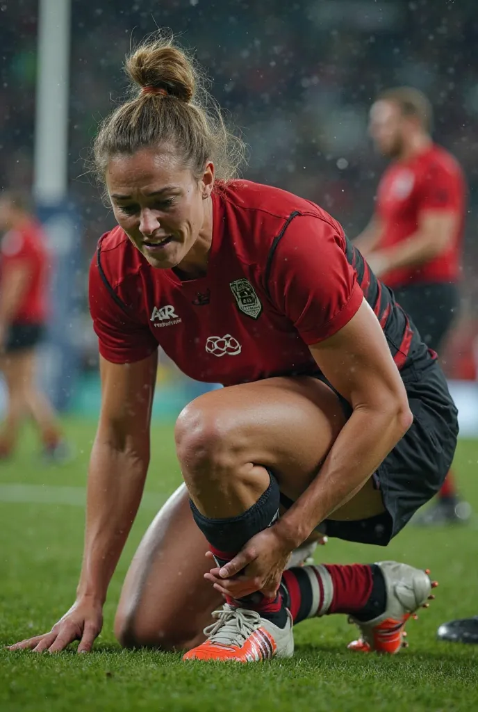 Create an image of a female rugby player. She’s really muscular and broad. Have her wearing a red and black rugby kit. Have her in the ground clutching her ankle in pain and a teammates and medical staff around her. Make it realistic 