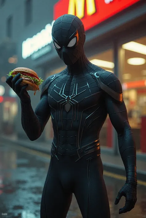 black spider man holding a sandwich in front of MCDONALD restaurant scared like he saw a ghost.