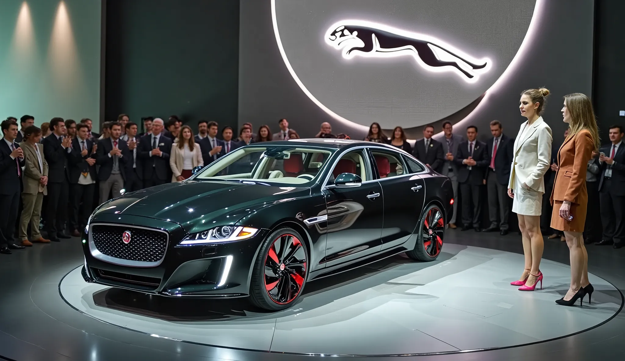 "A 2026 Jaguar XJ in sleek black color is displayed on a circular stage at an automotive event, with a massive illuminated Jaguar logo in the background. The luxury sedan features an aggressive front grille, modern LED headlights, and red alloy wheels that...