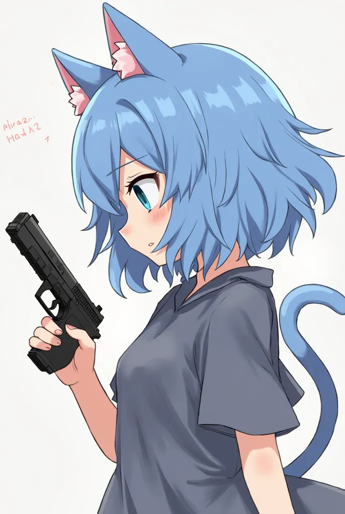   illustration,  character profile,   a girl, Alone ,  Blue Hair/  Blue Hair claro,  cat ears,  with gun 